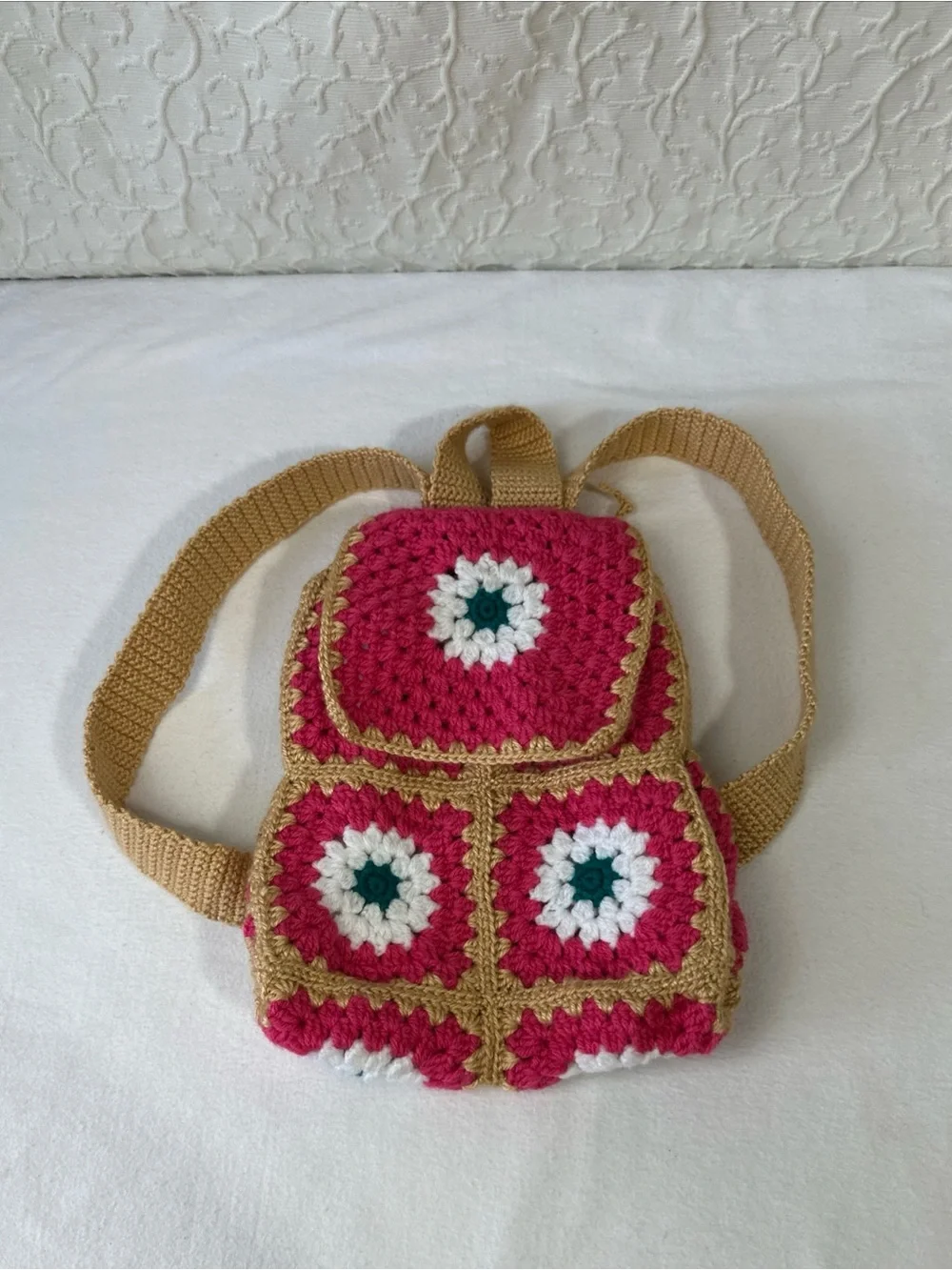 Handmade Pink Crochet Mini Backpack with Gold Trim